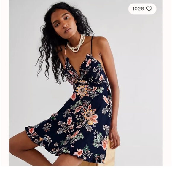 NWT Free People Mini Dress Corduroy Ruffle Navy Floral Sundress Women’s Size XS - Picture 2 of 14